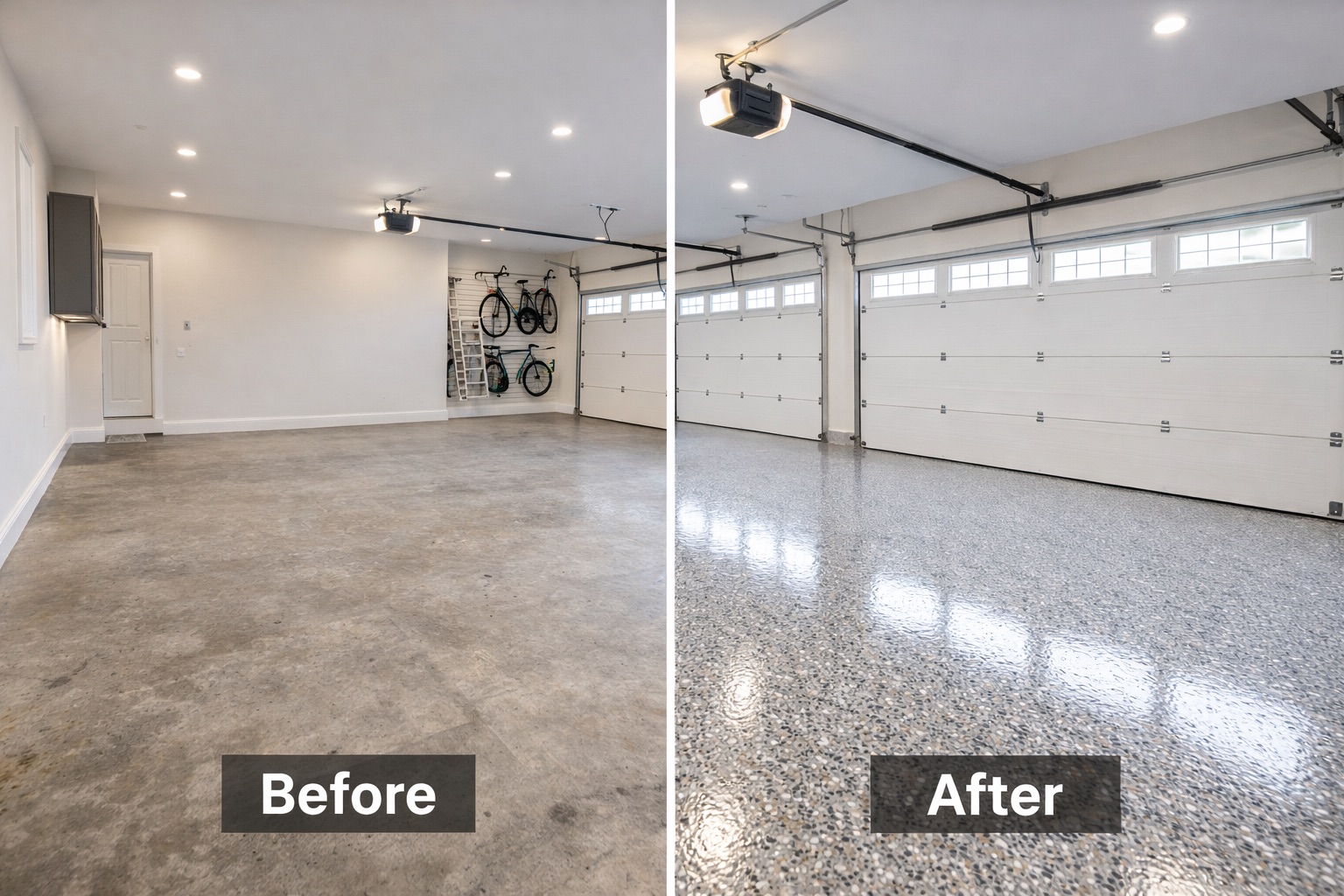 Before and after garage floor coating transformation
