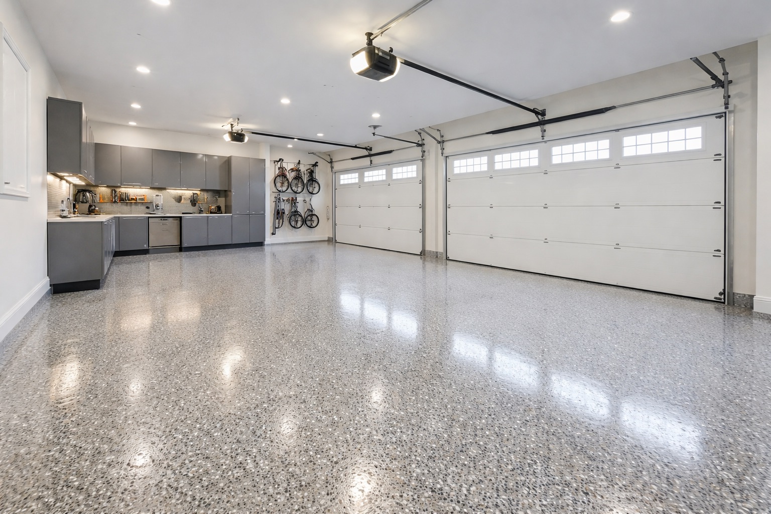 Modern two-car garage with decorative glossy floor coating