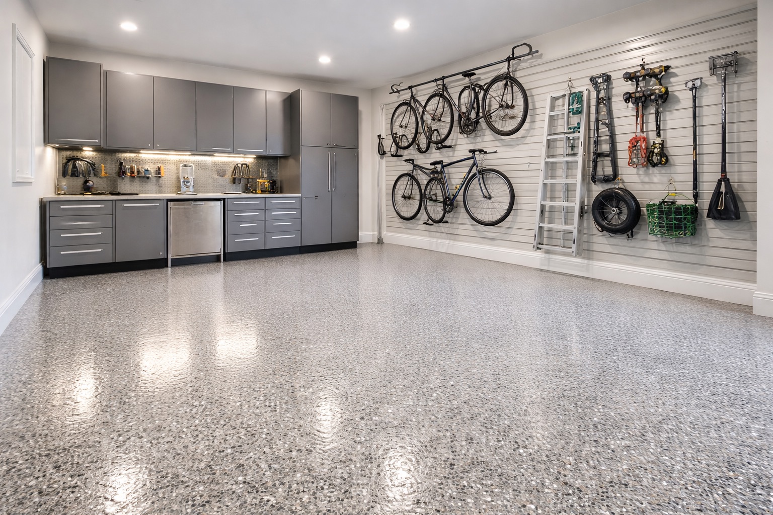 Organized luxury garage with bright lighting and coated floor